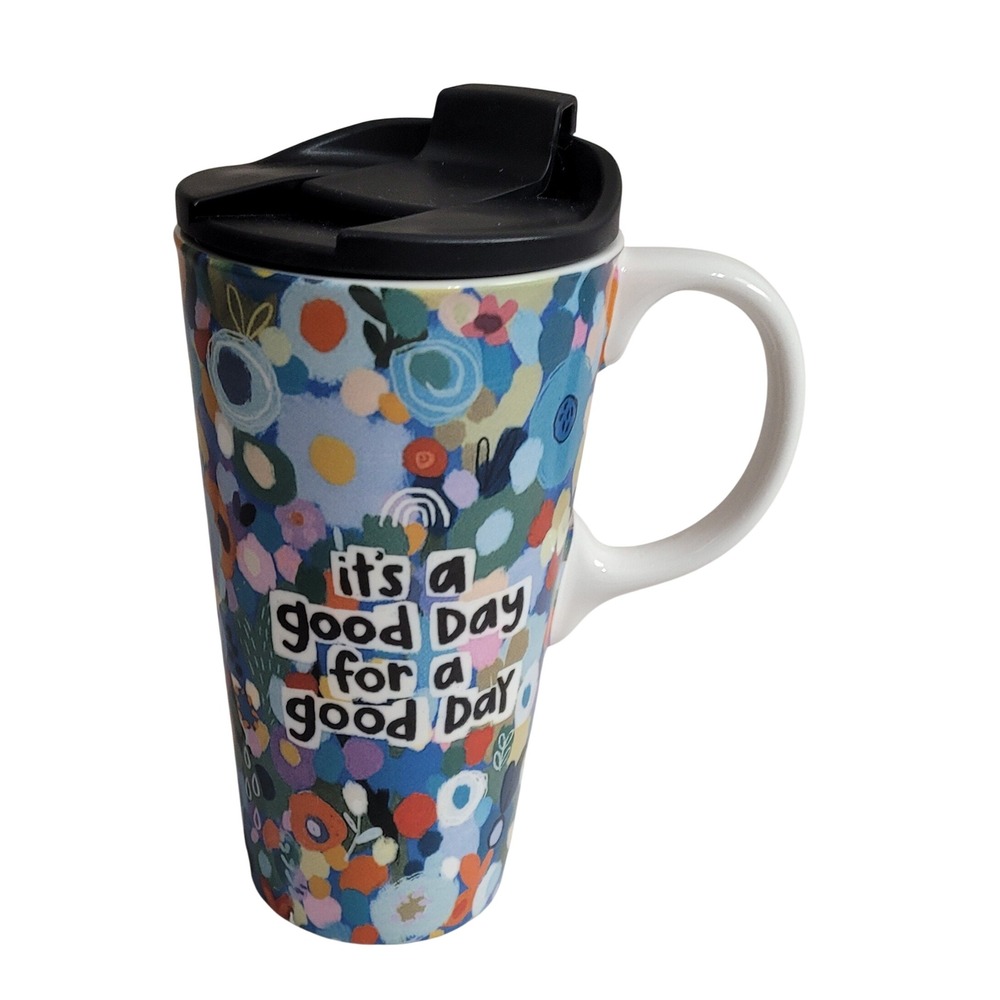 Evergreen Ceramic Travel Mug 16oz Floral Good Day Message Lid Positivity